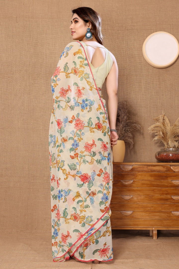 Off White Printed Georgette Ready-to-Wear Saree for Women with Bagnlori Blouse