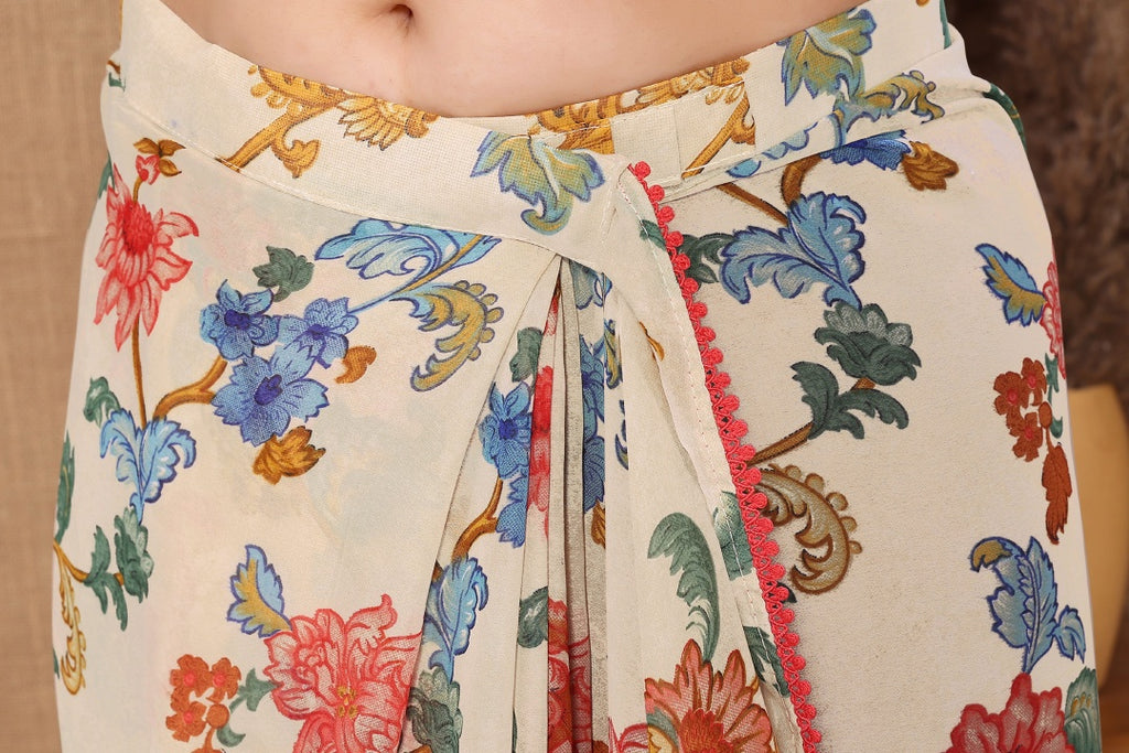 Off White Printed Georgette Ready-to-Wear Saree for Women with Bagnlori Blouse