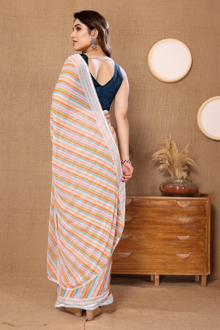 Orange Printed Georgette Ready-to-Wear Saree for Women with Bagnlori Blouse