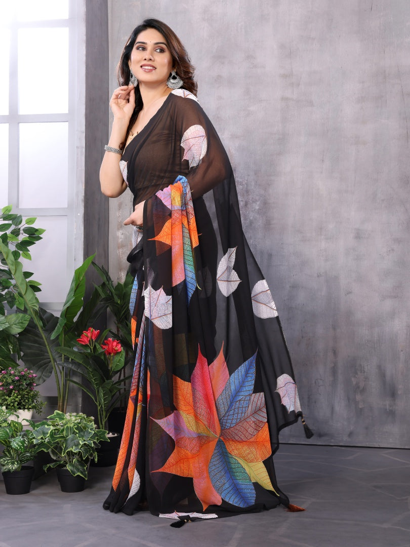 Black White Printed Georgette Ready-to-Wear Saree for Women with Bagnlori Blouse