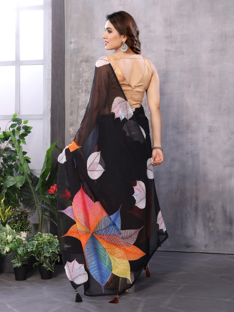 Black White Printed Georgette Ready-to-Wear Saree for Women with Bagnlori Blouse