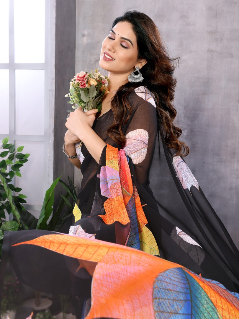 Black White Printed Georgette Ready-to-Wear Saree for Women with Bagnlori Blouse