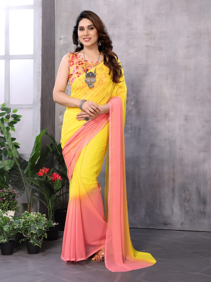 Pink Yellow Printed Georgette Ready-to-Wear Saree for Women with Bagnlori Blouse