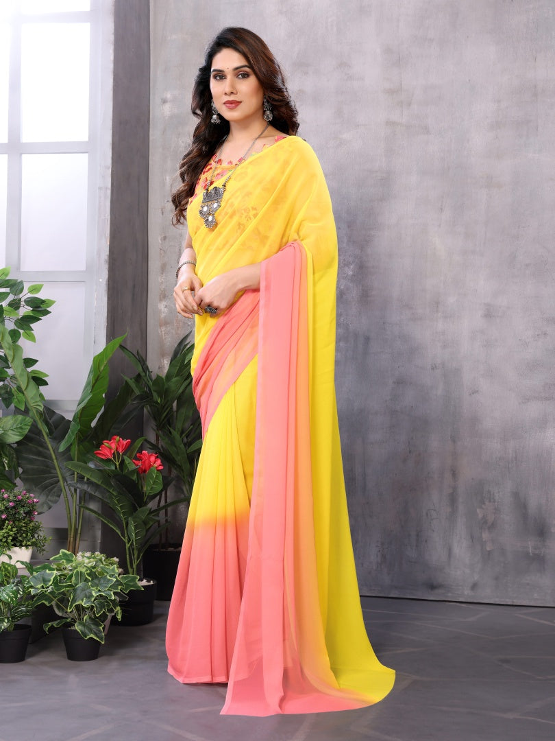 Pink Yellow Printed Georgette Ready-to-Wear Saree for Women with Bagnlori Blouse