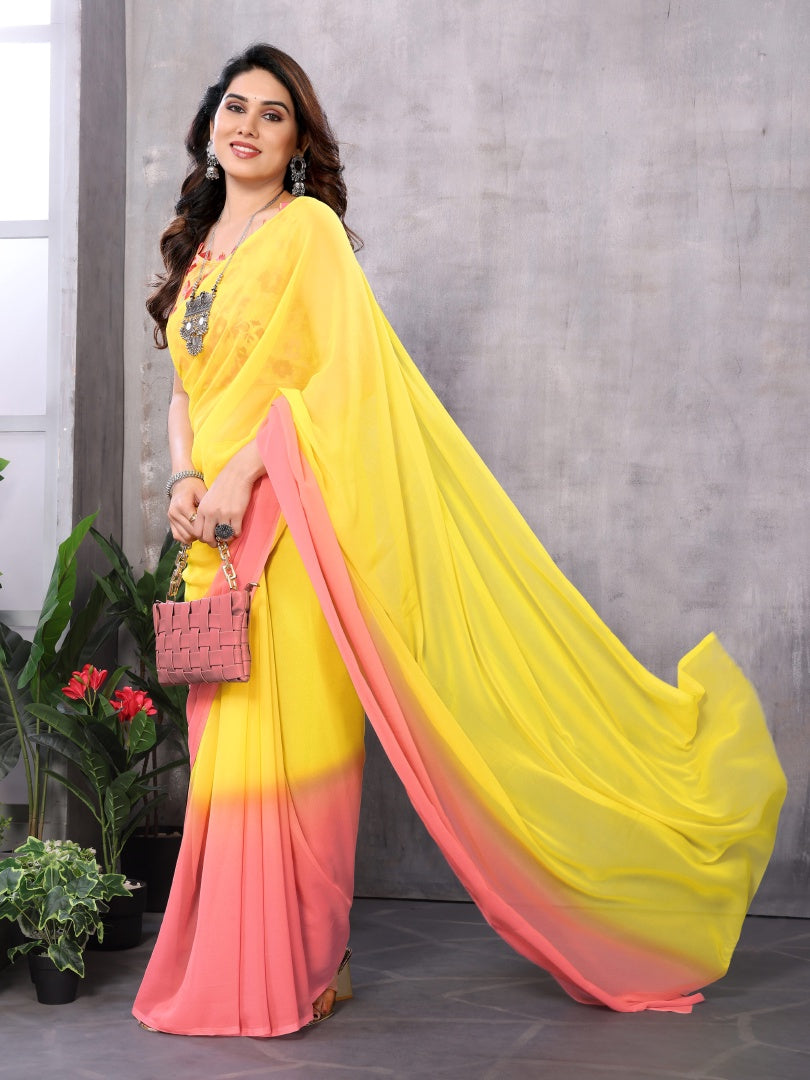 Pink Yellow Printed Georgette Ready-to-Wear Saree for Women with Bagnlori Blouse