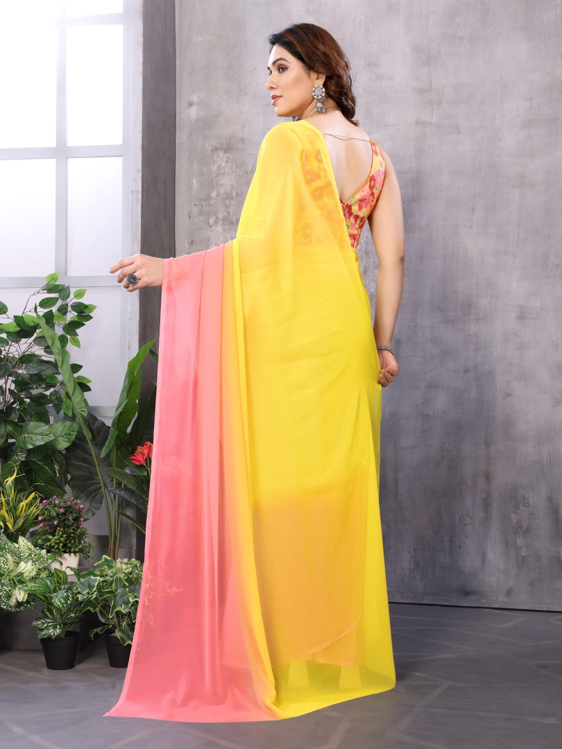 Pink Yellow Printed Georgette Ready-to-Wear Saree for Women with Bagnlori Blouse