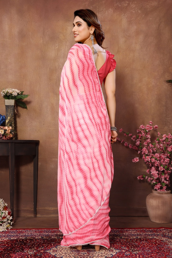 Pink Printed Georgette Ready-to-Wear Saree for Women with Bagnlori Blouse