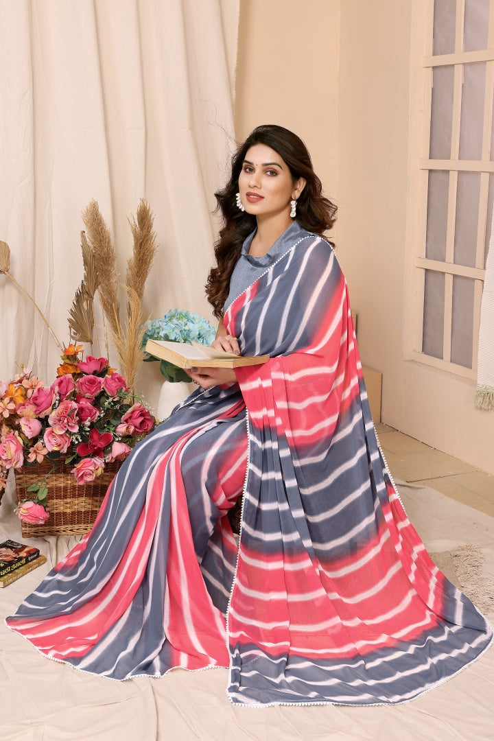 Pink Leriya Printed Georgette Ready-to-Wear Saree for Women with Bagnlori Blouse