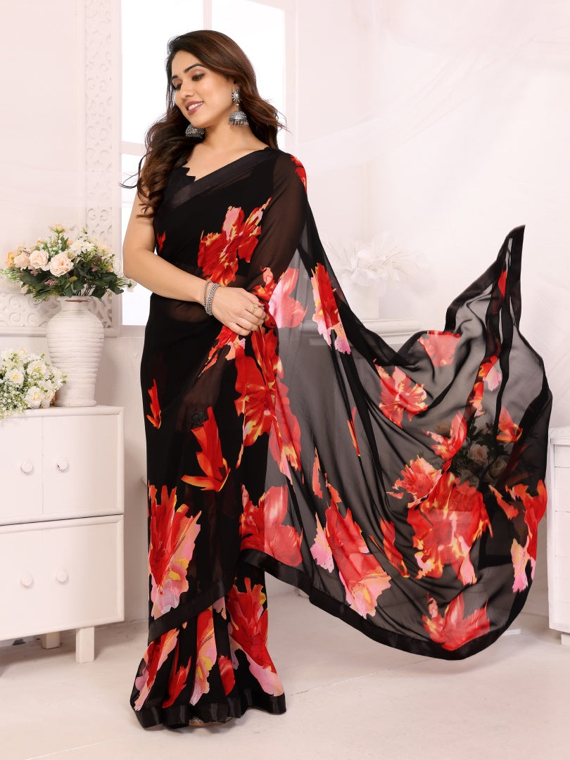 Red Black Printed Ready-to-Wear Satin Saree for Women with Bagnlori Blouse