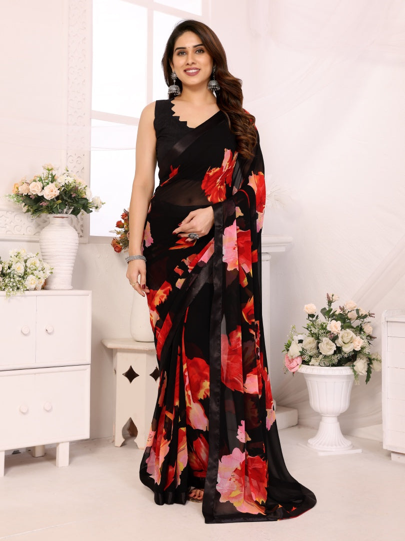 Red Black Printed Ready-to-Wear Satin Saree for Women with Bagnlori Blouse