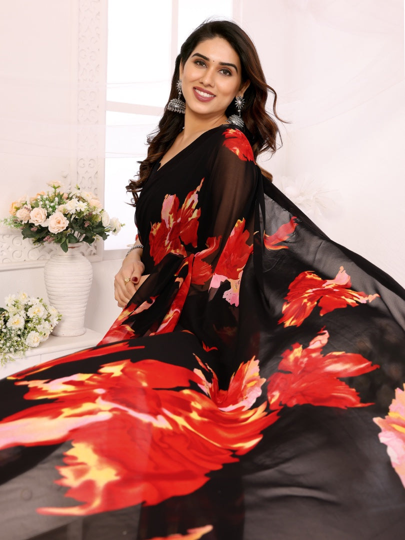 Red Black Printed Ready-to-Wear Satin Saree for Women with Bagnlori Blouse