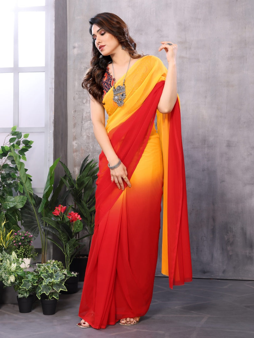 Red Orange Printed Georgette Ready-to-Wear Saree for Women with Bagnlori Blouse