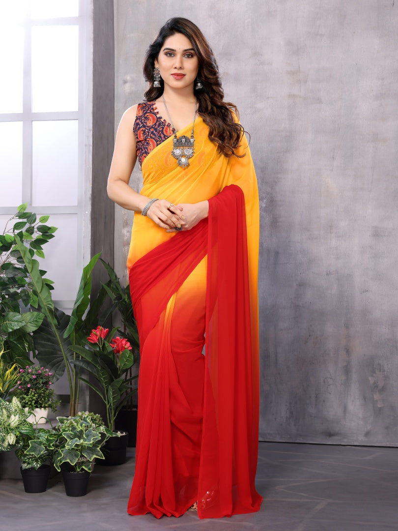 Red Orange Printed Georgette Ready-to-Wear Saree for Women with Bagnlori Blouse