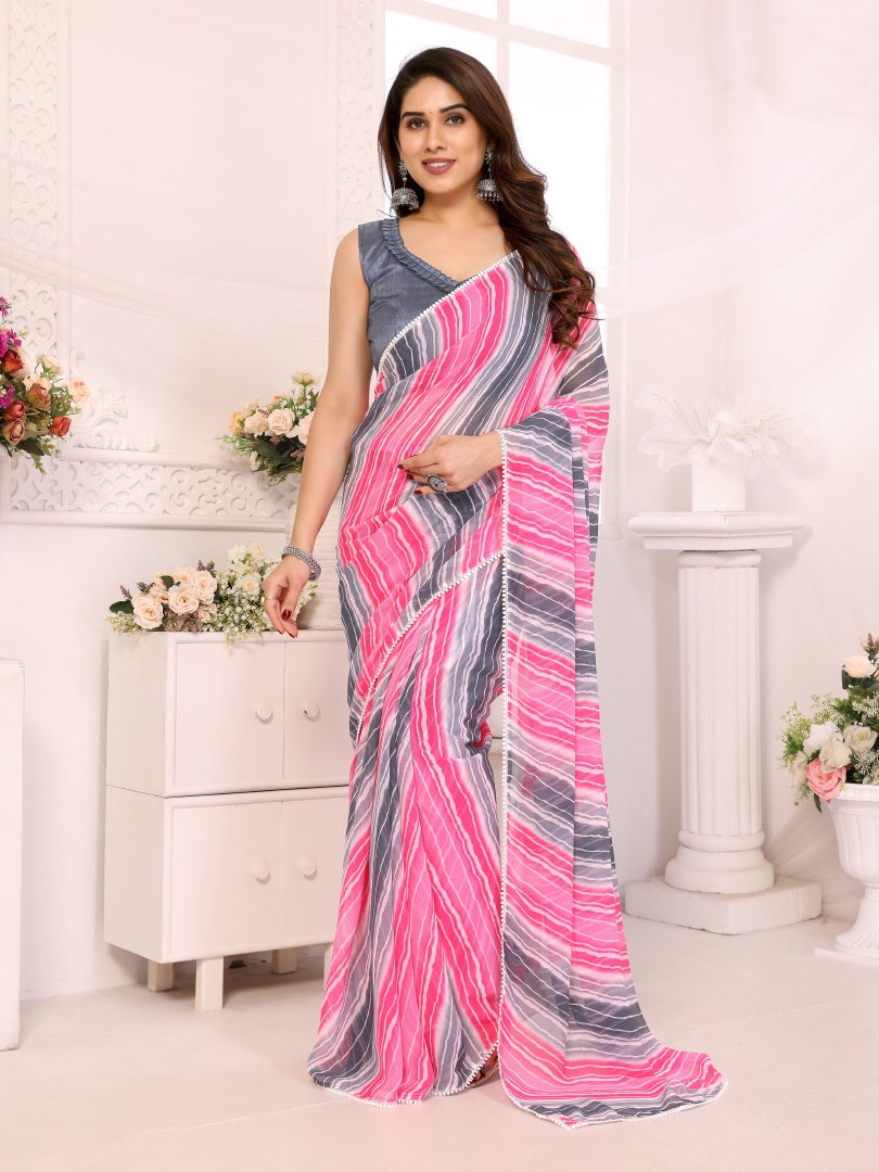Rose Grey Printed Georgette Ready-to-Wear Saree for Women with Bagnlori Blouse