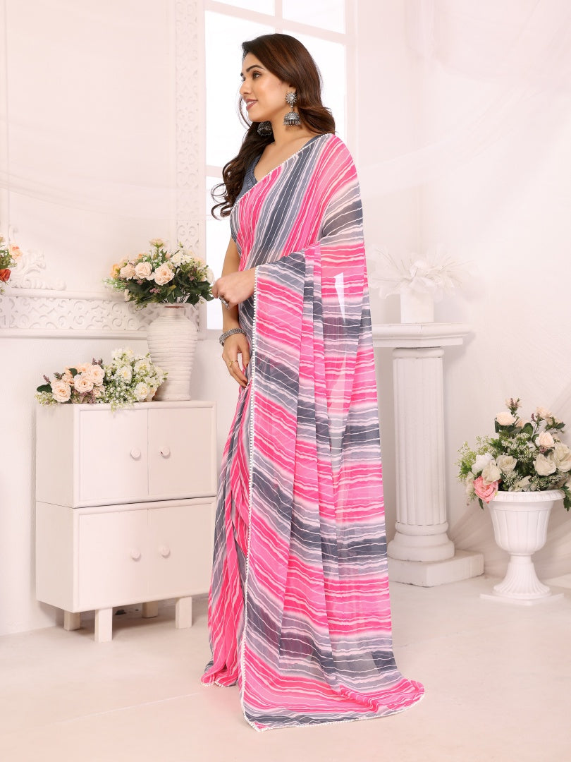Rose Grey Printed Georgette Ready-to-Wear Saree for Women with Bagnlori Blouse
