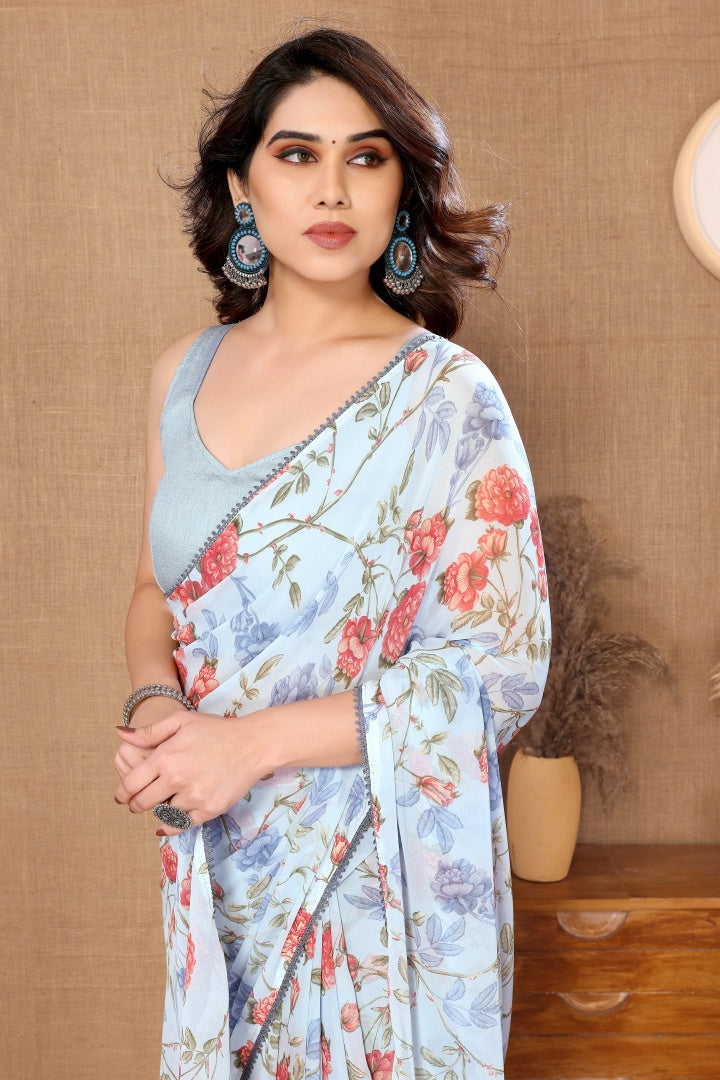 Sky Blue Printed Georgette Ready-to-Wear Saree for Women with Bagnlori Blouse