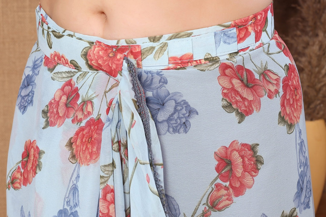 Sky Blue Printed Georgette Ready-to-Wear Saree for Women with Bagnlori Blouse