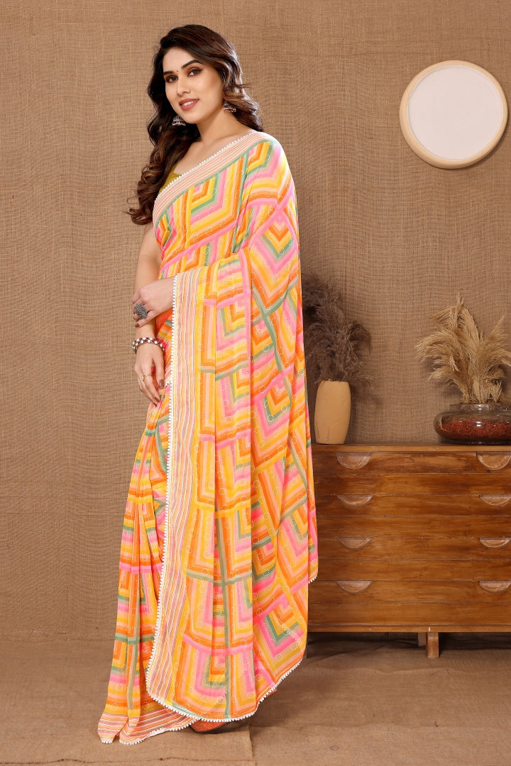 Leriya Yellow Printed Georgette Ready-to-Wear Saree for Women with Bagnlori Blouse