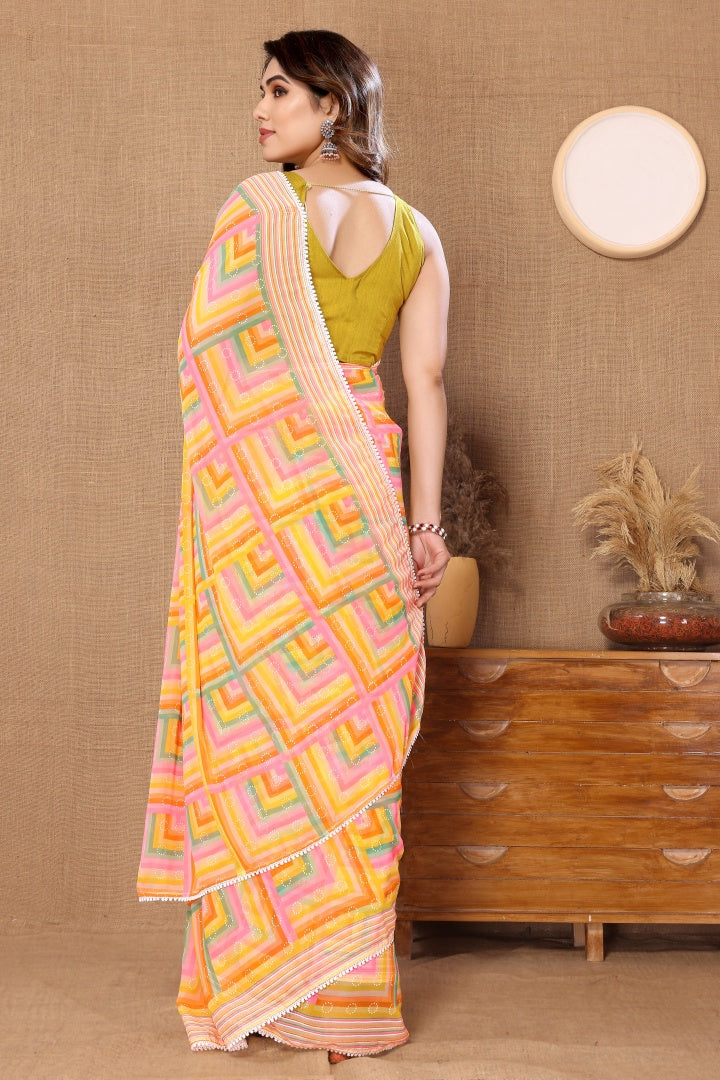 SQ Yellow Printed Georgette Ready-to-Wear Saree for Women with Bagnlori Blouse