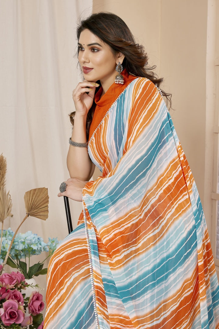 Tiger Print Georgette Ready-to-Wear Saree for Women with Bagnlori Blouse