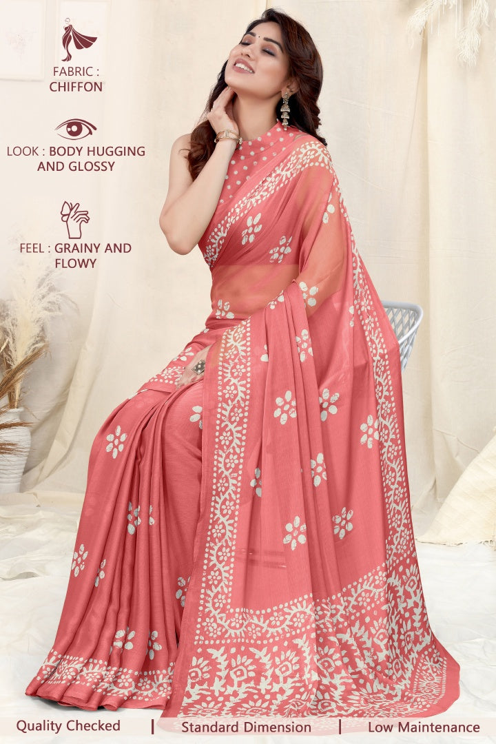 Graceful Peach Chinon Shiffon Printed Saree with Printed Blouse