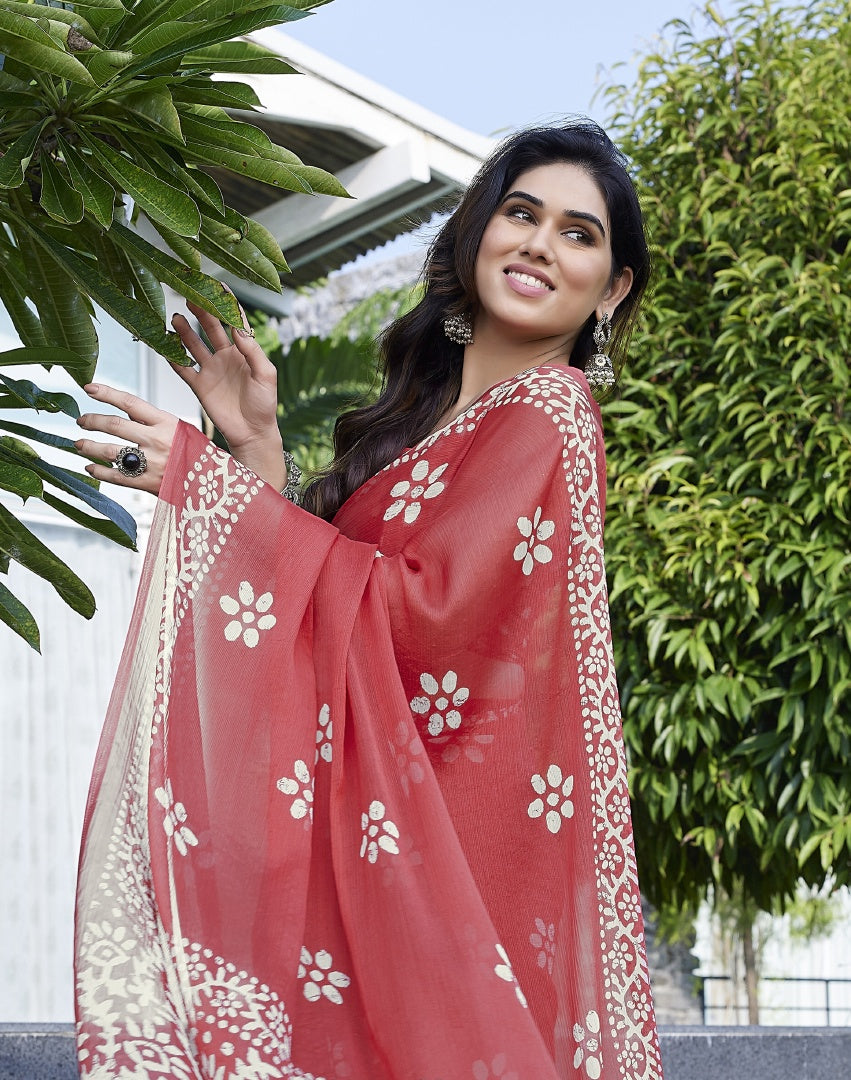 Graceful Peach Chinon Shiffon Printed Saree with Printed Blouse