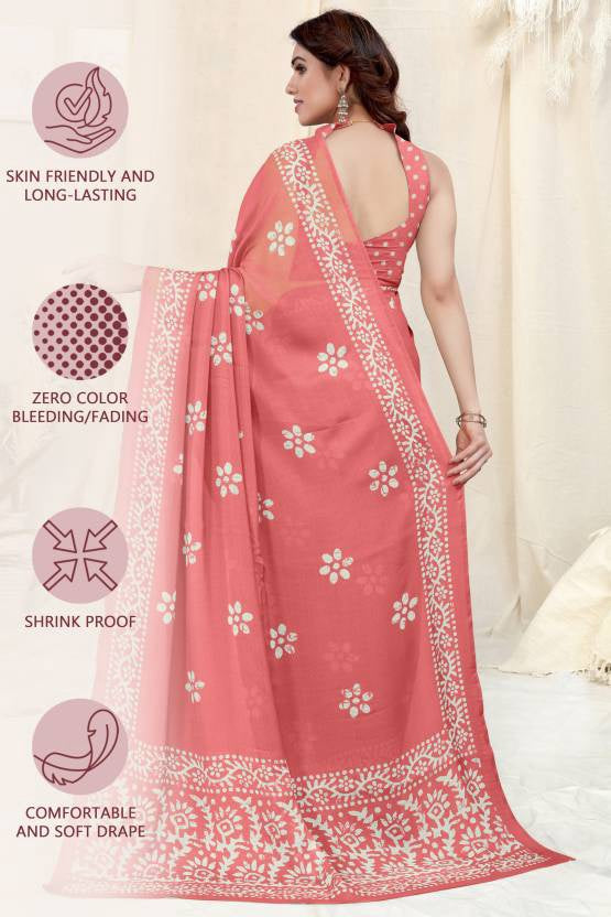 Graceful Peach Chinon Shiffon Printed Saree with Printed Blouse