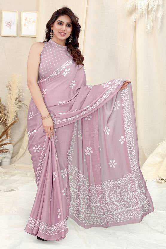 Elegant Pink Chinon Shiffon Printed Saree with Matching Printed Blouse