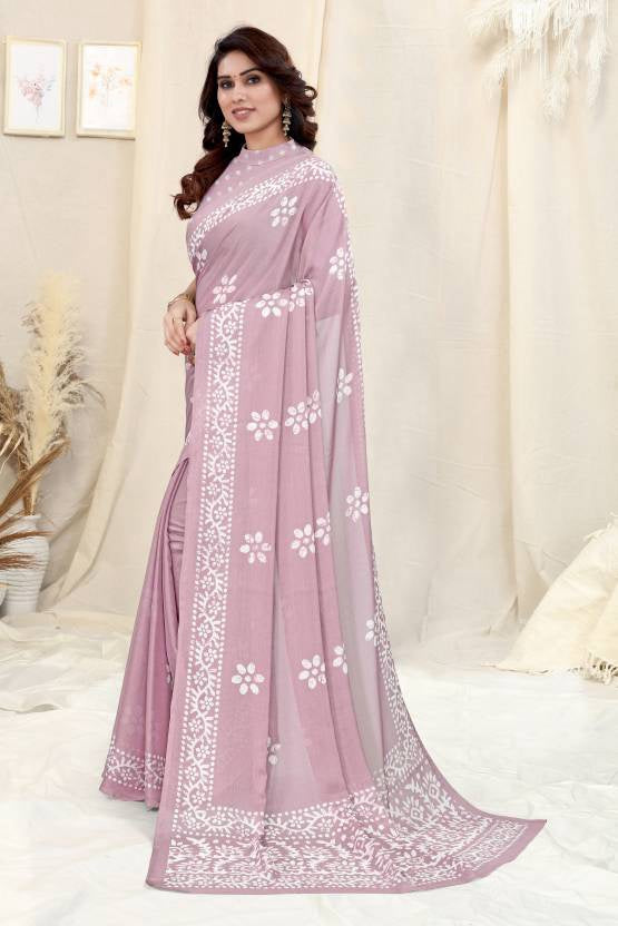 Elegant Pink Chinon Shiffon Printed Saree with Matching Printed Blouse