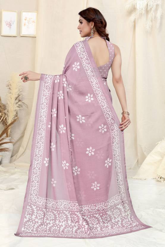 Elegant Pink Chinon Shiffon Printed Saree with Matching Printed Blouse
