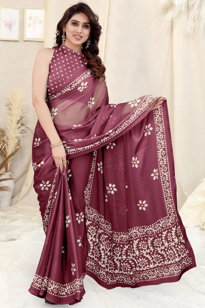 Rich Wine Chinon Shiffon Printed Saree with Matching Printed Blouse