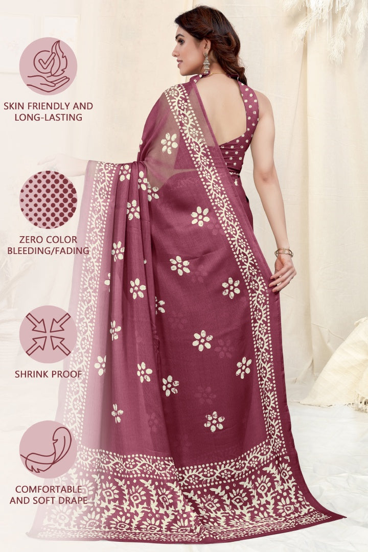 Rich Wine Chinon Shiffon Printed Saree with Matching Printed Blouse