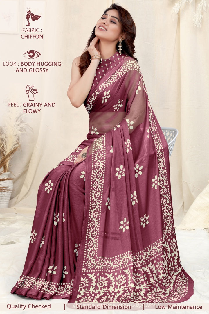 Rich Wine Chinon Shiffon Printed Saree with Matching Printed Blouse