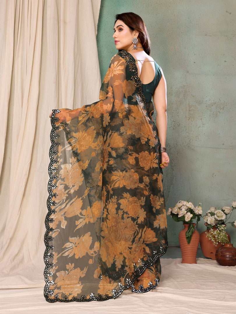 Green Organza Printed Saree with Mirror Work & Banglori Blouse for Women
