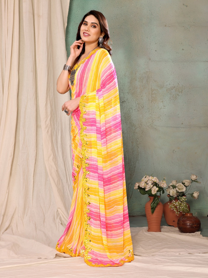 Lemon Georgette Printed Saree with Mirror Work & Banglori Blouse