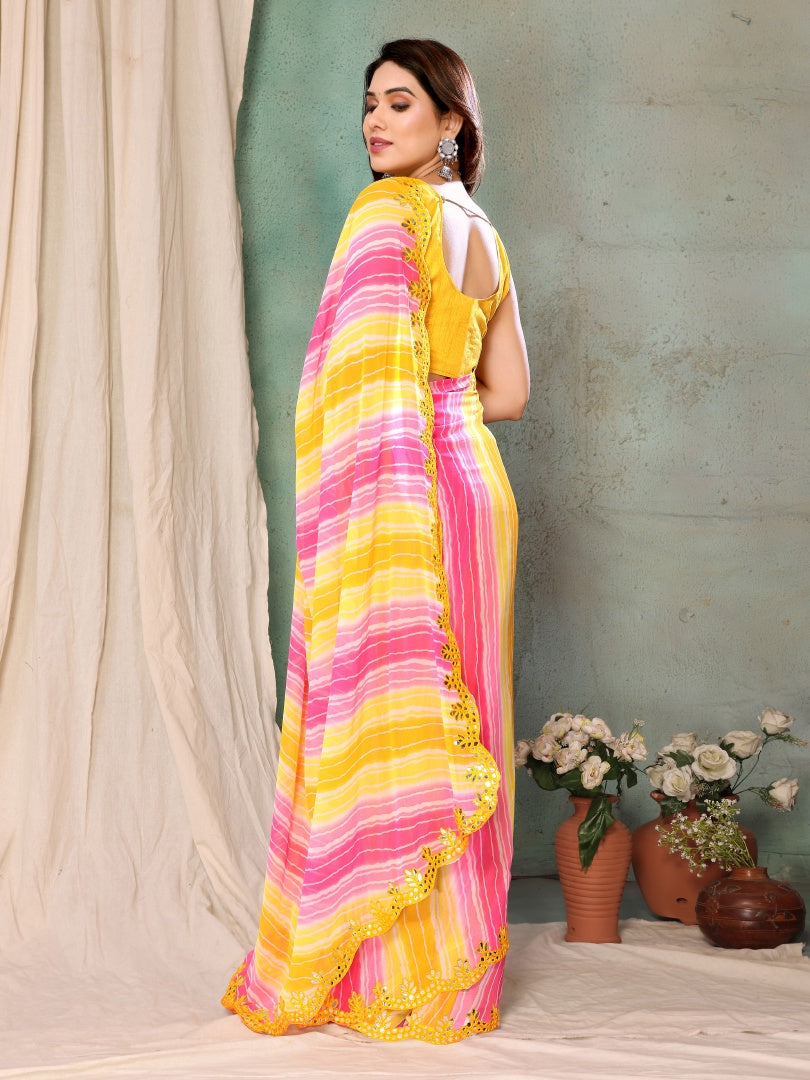 Lemon Georgette Printed Saree with Mirror Work & Banglori Blouse
