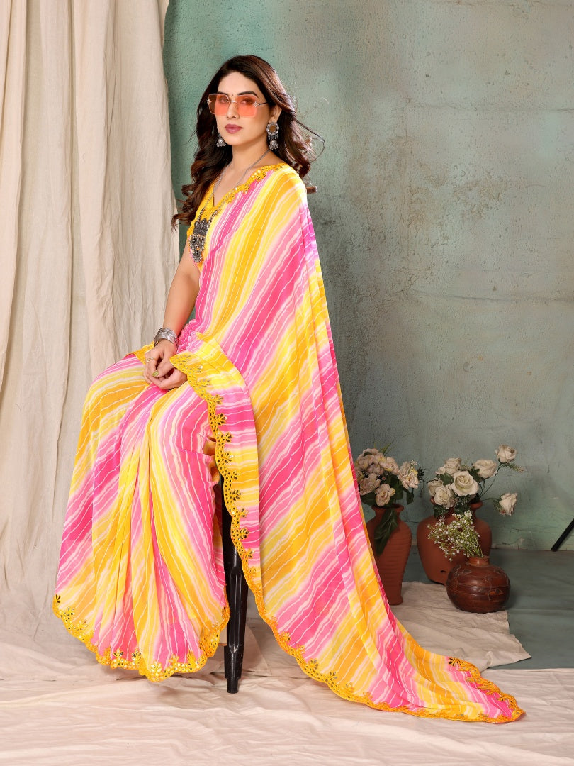 Lemon Georgette Printed Saree with Mirror Work & Banglori Blouse