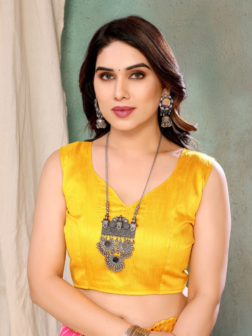 Lemon Georgette Printed Saree with Mirror Work & Banglori Blouse