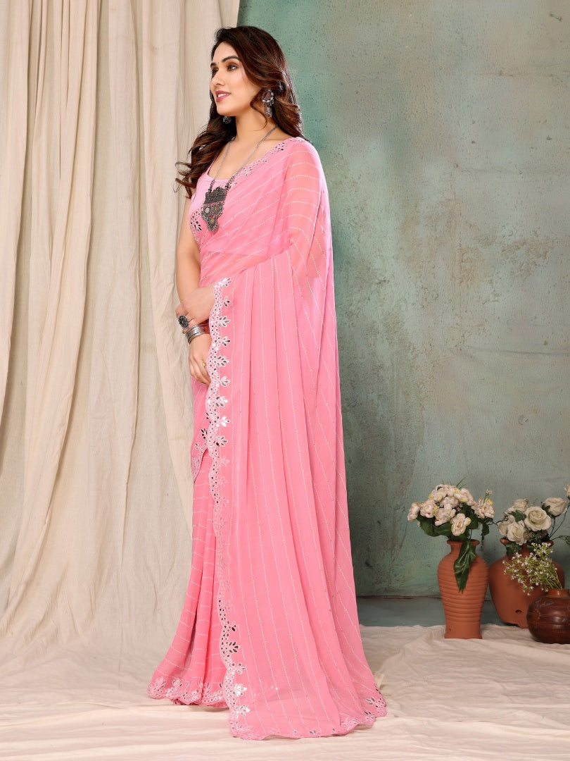 Light Pink Georgette Printed Saree with Mirror Work & Banglori Blouse