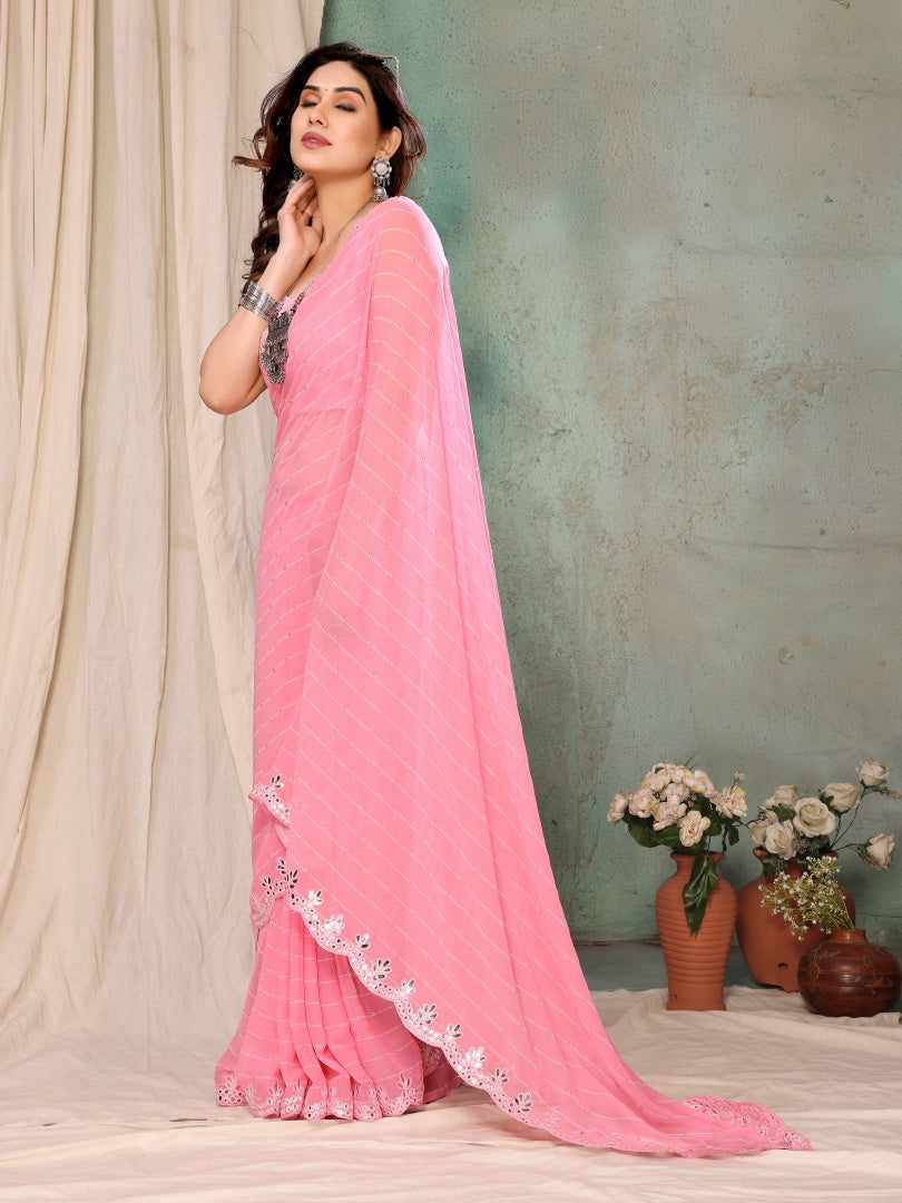 Light Pink Georgette Printed Saree with Mirror Work & Banglori Blouse