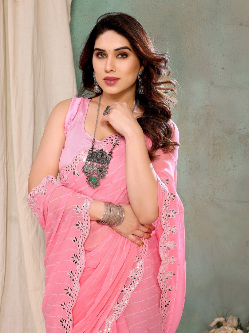 Light Pink Georgette Printed Saree with Mirror Work & Banglori Blouse