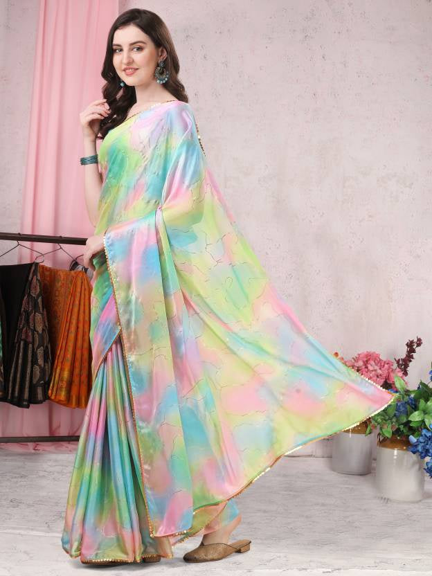 Multicolor Foil Print Chinon Shiffon Saree for Women with Plain Banglory Blouse