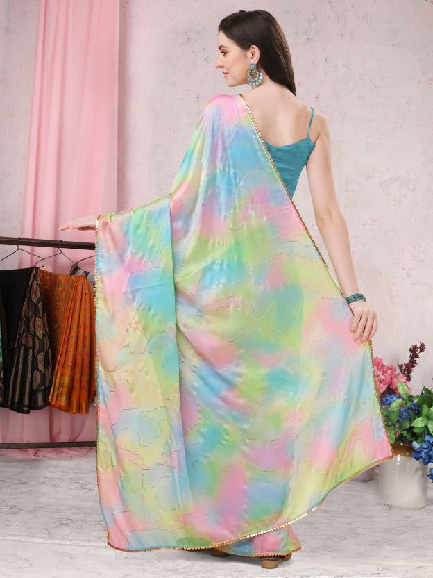 Multicolor Foil Print Chinon Shiffon Saree for Women with Plain Banglory Blouse