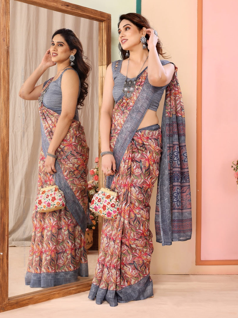Grey Printed Kota Doriya Saree for Women with Blouse