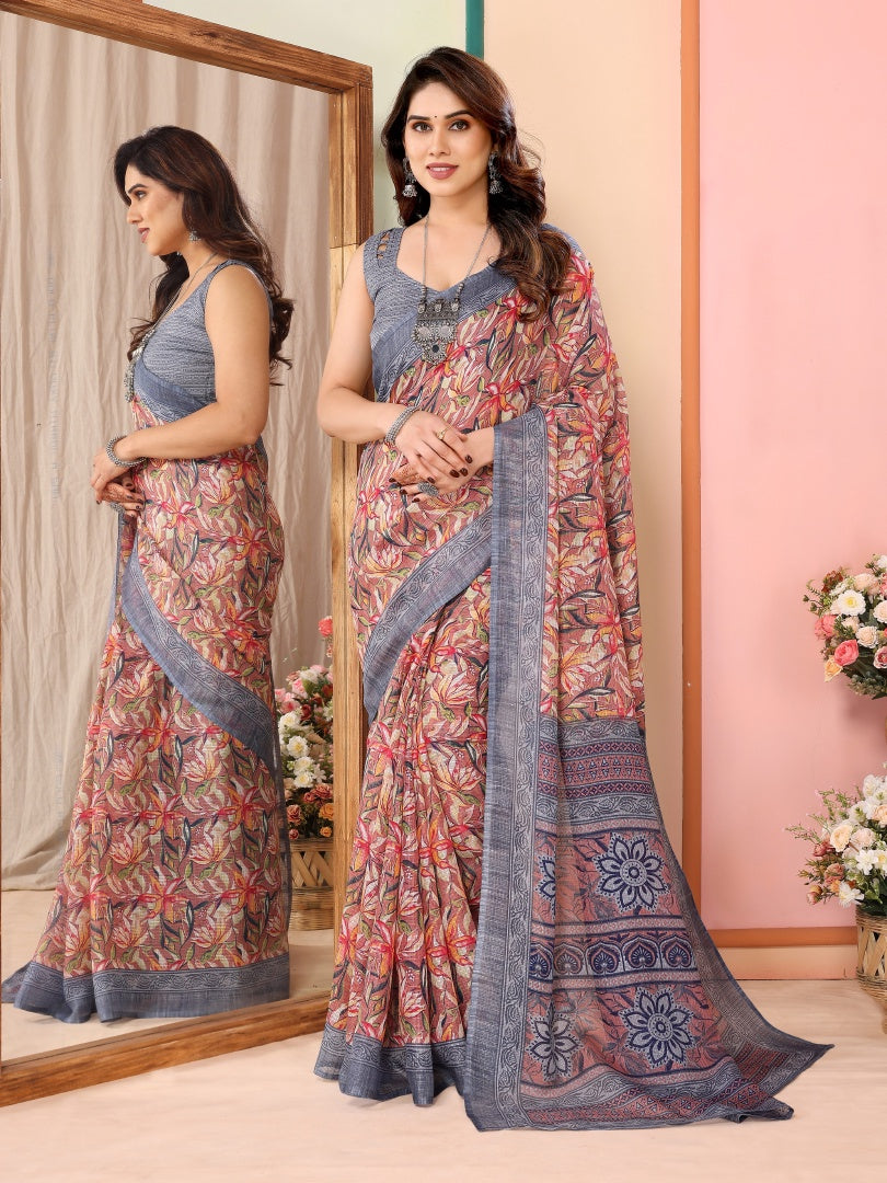 Grey Printed Kota Doriya Saree for Women with Blouse