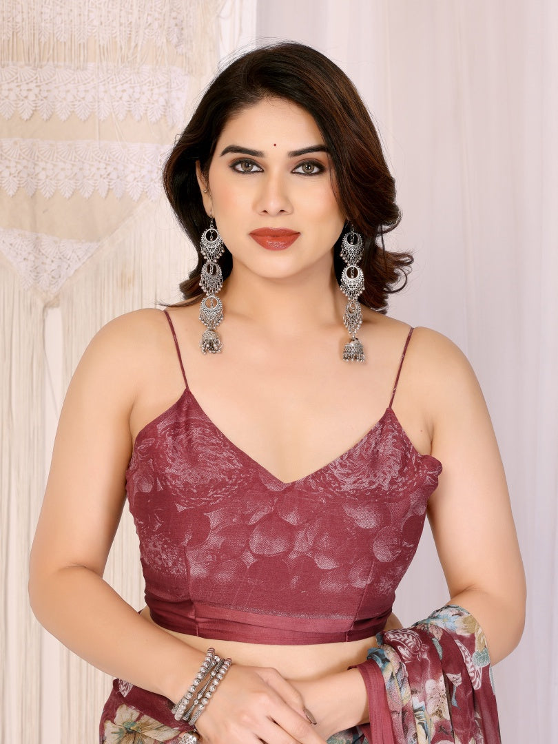 Maroon Printed Bright Moss Satin Patta Saree for Women with Blouse