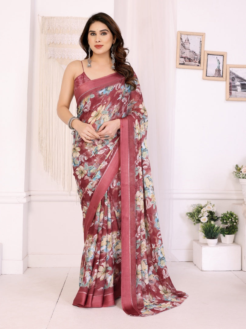 Maroon Printed Bright Moss Satin Patta Saree for Women with Blouse