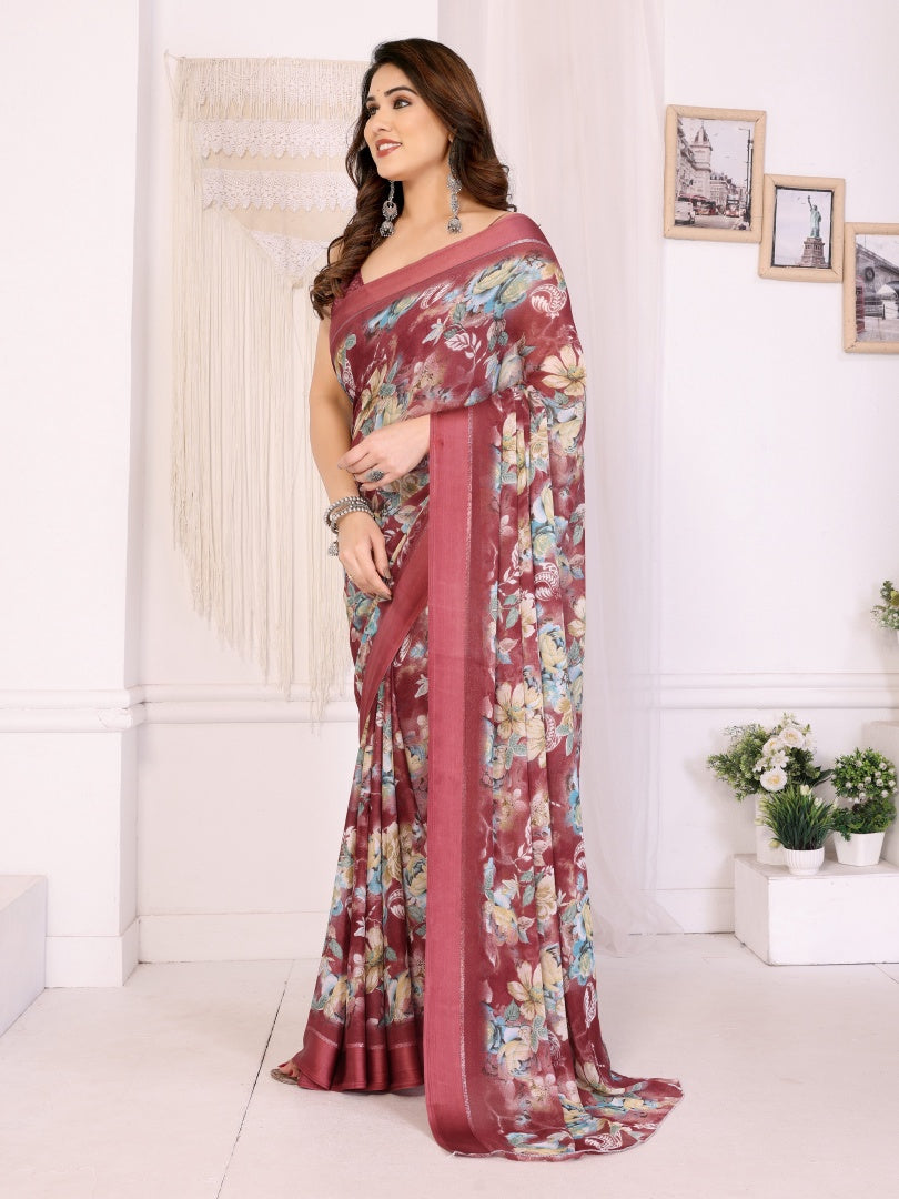 Maroon Printed Bright Moss Satin Patta Saree for Women with Blouse