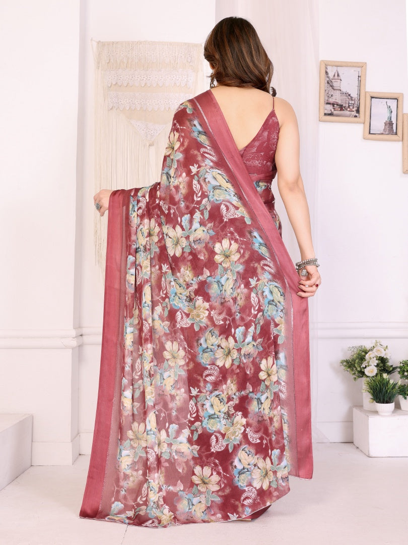 Maroon Printed Bright Moss Satin Patta Saree for Women with Blouse