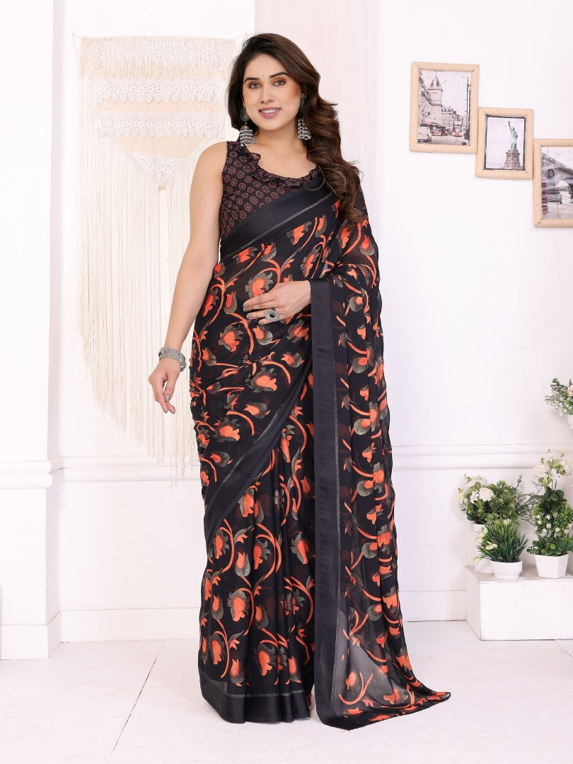 Black Printed Ready Wear Bright Moss Satin Patta Saree with Small Lace & Matching Blouse